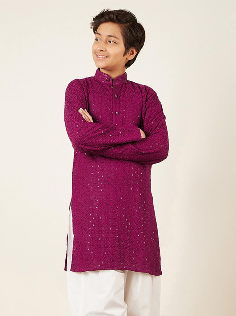 AJ DEZINES Kids Cotton Full Sleeve Sequined Purple Kurta for Boys - Ethnic wear | Special Occasion & Party Outfit | Chikankari Kurta for Boys - Regular Fit - Image 4