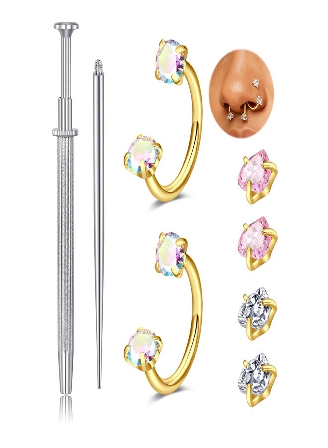 QWALIT Gold 18g Horseshoe Nose Ring Double Stud Gem Horse Shoe Nose Ring Hoop for Women Surgical Steel Half Tragus Earring Lip Helix Piercing Jewelry Septum Rings 8mm Septum Ball Screw Tool Threader - Image 1