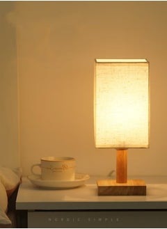 Beauenty USB Table Lamp Bedside Wooden Lamp Modern Nightstand Night Lamp with Fabric Lampshade for Bedroom Living Room Office  - Image 1