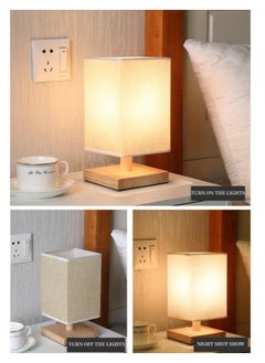 Beauenty USB Table Lamp Bedside Wooden Lamp Modern Nightstand Night Lamp with Fabric Lampshade for Bedroom Living Room Office  - Image 4