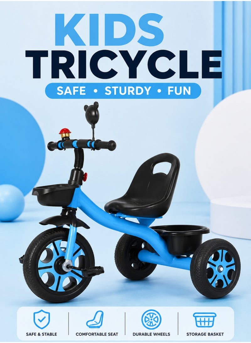 MarkedOne Kids 3-Wheel Tricycle with Push Handle - Adjustable Seat & Backrest - Kids Tricycle with EVA Wheels and Storage Tray – Tricycle for Toddlers Ages 3-8 Years - Tricycle for Kids Blue - Image 1