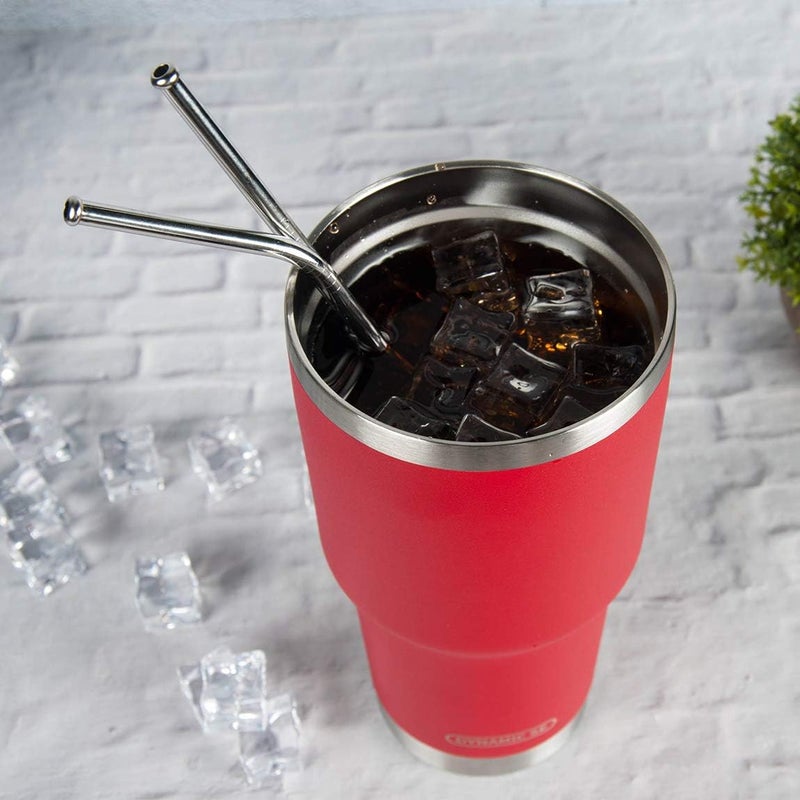 DS كوب تامبلر سعة 30 أونصة من الفولاذ المقاوم للصدأ مع جدار مزدوج وعزل فراغ، مزود بقشة وغطاء، وفرشاة تنظيف للمشروبات الباردة والساخنة (30 أونصة حمراء) - Image 4