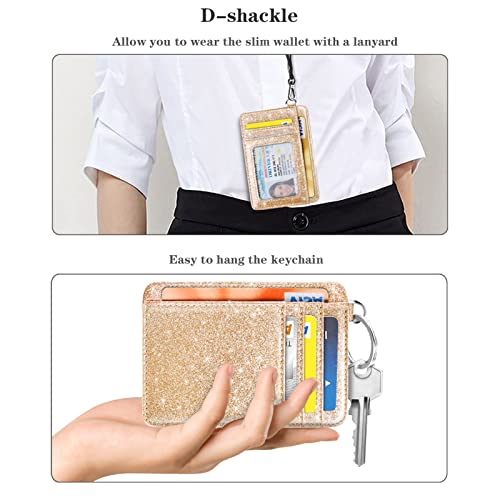 Coco Rossi Slim Front Pocket Wallet RFID ID Card Holder Cute Small Wallet with Keychian for Women,Champagne Gold Glitter - Image 4