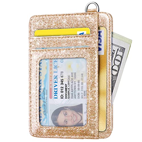 Coco Rossi Slim Front Pocket Wallet RFID ID Card Holder Cute Small Wallet with Keychian for Women,Champagne Gold Glitter - Image 2
