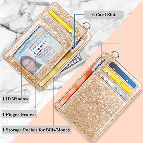Coco Rossi Slim Front Pocket Wallet RFID ID Card Holder Cute Small Wallet with Keychian for Women,Champagne Gold Glitter - Image 3