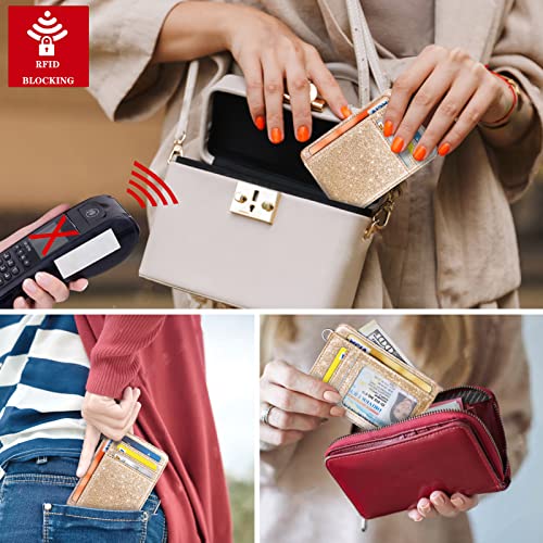 Coco Rossi Slim Front Pocket Wallet RFID ID Card Holder Cute Small Wallet with Keychian for Women,Champagne Gold Glitter - Image 5