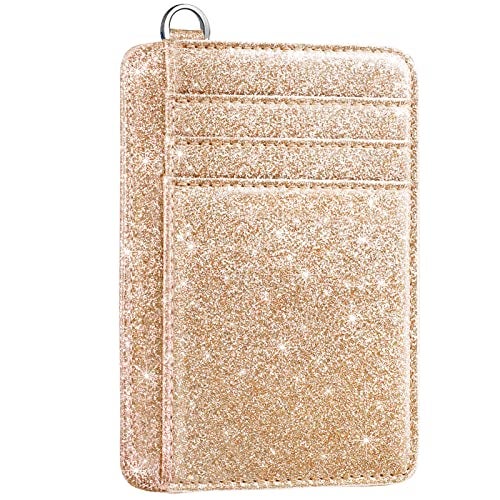 Coco Rossi Slim Front Pocket Wallet RFID ID Card Holder Cute Small Wallet with Keychian for Women,Champagne Gold Glitter - Image 1