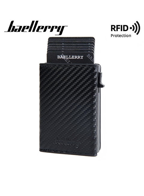 Men's Slim Wallet - Premium RFID Blocking Minimalist Leather Wallet with Pop-Up Card Mechanism, Carbon Blacks