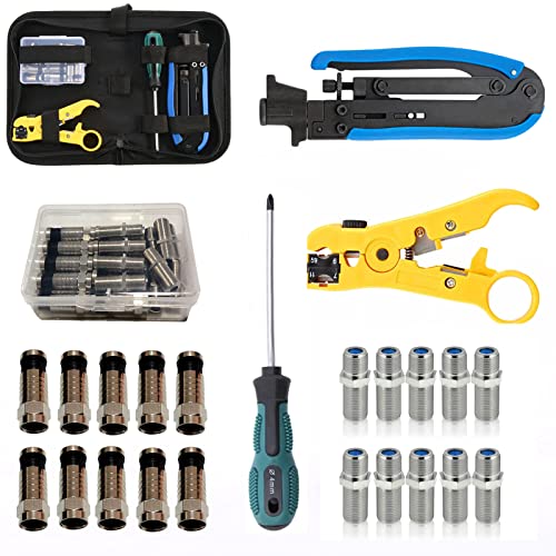 Gaobige Coax Cable Crimper Tool Kit, Coaxial Compression Tool for rg6 rg59 rg11 with 1 Wire Stripper, 10pcs F Male rg6 Connectors And 10pcs Female to Female rg6 Connectors, 1 Screwdriver - Image 1