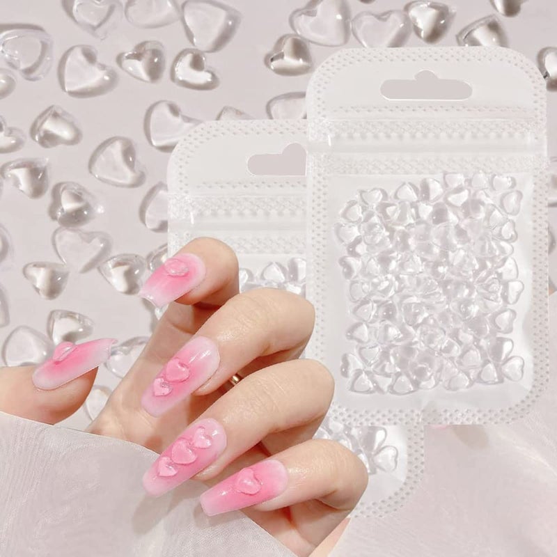 200 Pcs Clear Heart Nail Art Charms 3D Mixed Size Love Hearts Rhinestones Flat Jelly Resin Crystal Jewelry Diamonds for Acrylic Nail Supplies Women Craft DIY Manicure Decoration Accessories