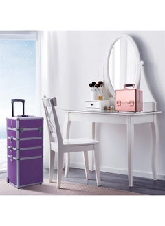 4 in 1 Aluminum Rolling Cosmetic Makeup Train Cases Trolley Professional Artist Train Case Organizer Box Lift Handle Lock 2 wheel 2 Keys Each Layer Total 8 Keys Makeup Luggage (Purple)
