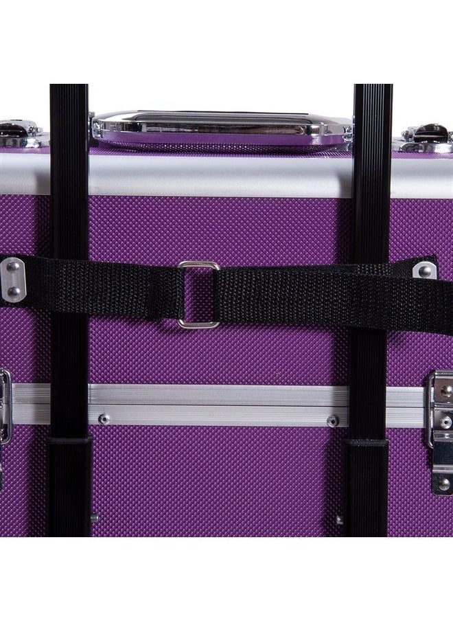 Ollieroo - 4 in 1 Aluminum Rolling Cosmetic Makeup Train Cases Trolley Professional Artist Train Case Organizer Box Lift Handle Lock 2 wheel 2 Keys Each Layer Total 8 Keys Makeup Luggage (Purple) - Image 1