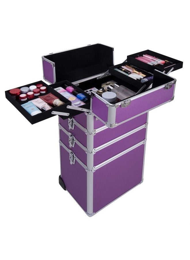 Ollieroo - 4 in 1 Aluminum Rolling Cosmetic Makeup Train Cases Trolley Professional Artist Train Case Organizer Box Lift Handle Lock 2 wheel 2 Keys Each Layer Total 8 Keys Makeup Luggage (Purple) - Image 1