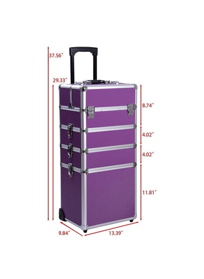 Ollieroo - 4 in 1 Aluminum Rolling Cosmetic Makeup Train Cases Trolley Professional Artist Train Case Organizer Box Lift Handle Lock 2 wheel 2 Keys Each Layer Total 8 Keys Makeup Luggage (Purple) - Image 1