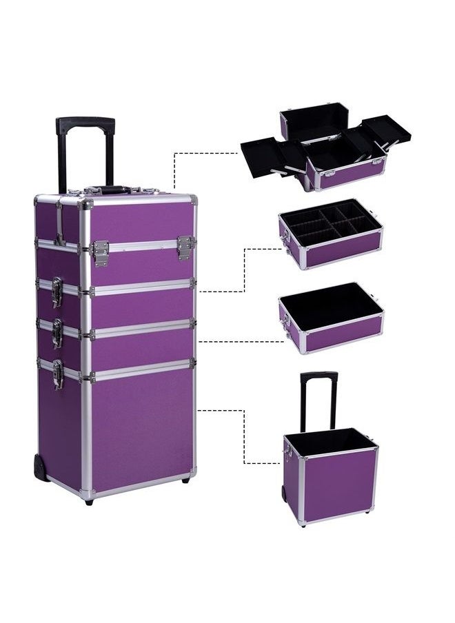 Ollieroo - 4 in 1 Aluminum Rolling Cosmetic Makeup Train Cases Trolley Professional Artist Train Case Organizer Box Lift Handle Lock 2 wheel 2 Keys Each Layer Total 8 Keys Makeup Luggage (Purple) - Image 1