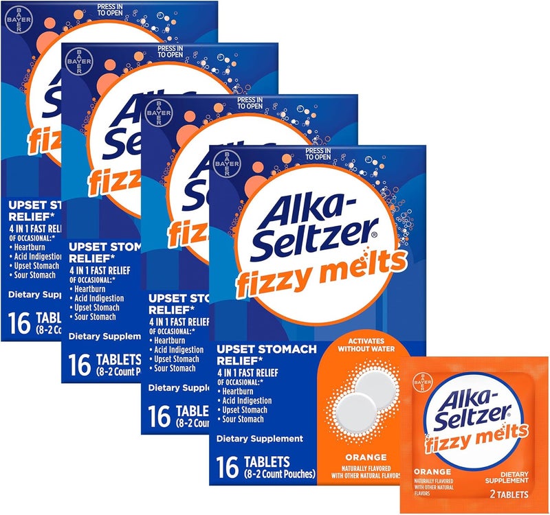 Alka-Seltzer Alka-Seltzer Fizzy Melts, Dissolve on Tongue, No Water Needed, On-The-Go Dietary Supplement Antacid Tablets, for Relief of Occasional Heartburn and Acid Indigestion*, Orange Flavor, 64 Count