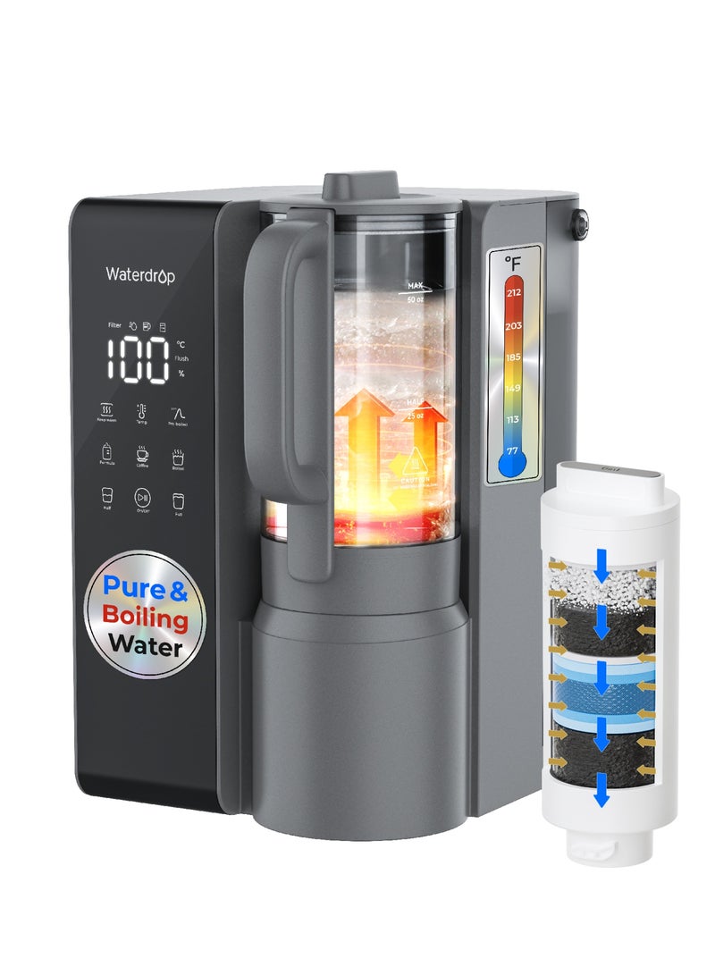 ووتر دروب فلتر مياه بالتناضح العكسي WD-M1، نظام التناضح العكسي للمياه الساخنة، 7 خيارات لدرجة الحرارة، تنقية 6 مراحل، 3:1 نقي للتصريف، بدون تركيب، رمادي - Image 1