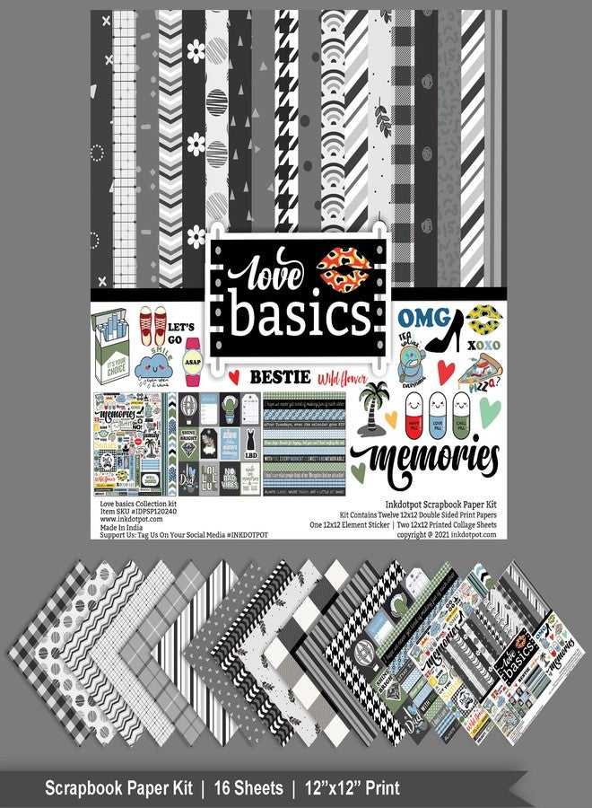 Inkdotpot Love Basics Collection Double,Sided Scrapbook Paper Kit Cardstock 12"x12" Card Making Paper Pack of with Sticker Sheet - 16 Pages - White & Black - Image 3
