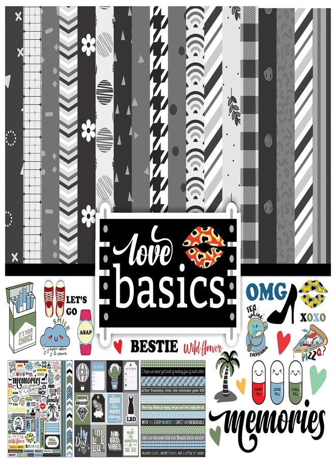 Inkdotpot Love Basics Collection Double,Sided Scrapbook Paper Kit Cardstock 12"x12" Card Making Paper Pack of with Sticker Sheet - 16 Pages - White & Black - Image 1