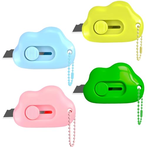 Muclip Cloud Retractable Box Cutter 6 Pack - with Key Rings,Safe Auto-Retract Design,Mini Paper Cutter for Box,Packages,Mail,Envelopes,Portable Keychain Letter Opener for Home,Office,Travel (4 Color) - Image 1