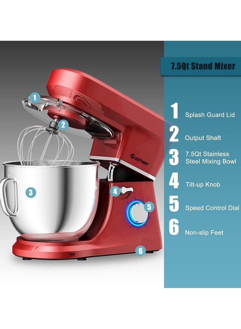 خلاط قائم، 6 سرعات 7.5 QT خلاط طعام كهربائي للمطبخ برأس مائل 660 وات مع وعاء من الفولاذ المقاوم للصدأ، وخطاف عجين، ومضرب، وخفق  - Image 5