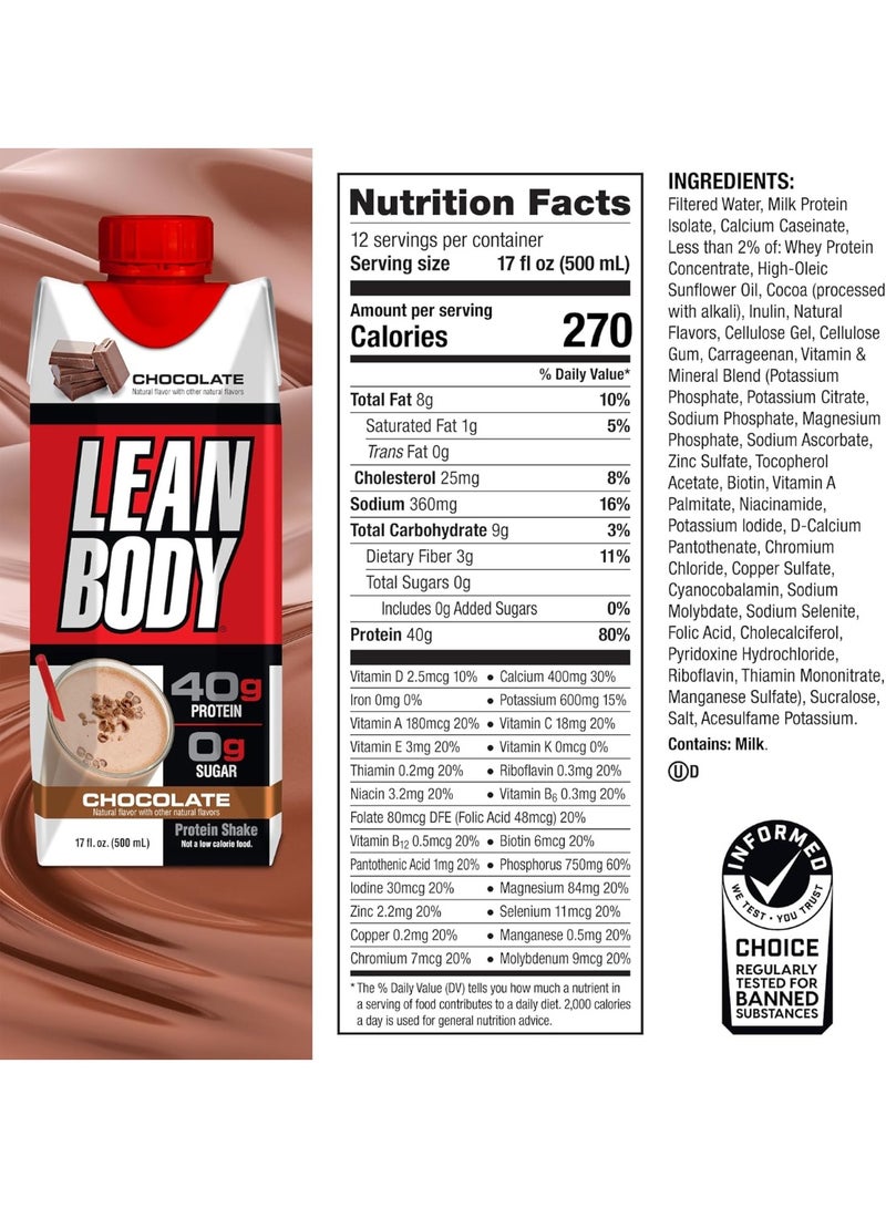 Labrada Lean Body Ready To Drink Protein Shake- Chocolate , 40g Protein, 0 Sugar. 500ml, Box of 12 pcs - Image 2
