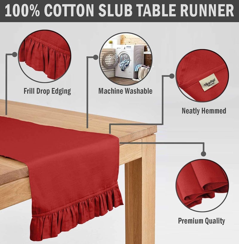 Vargottam Red Home Decor Cotton Slub Fabric Frill Table Runner Table Decor-14 x 120 Inch - Image 4