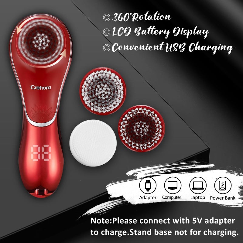 Crehora Facial Cleansing Brush, Electric Face Scrubber, Facial Cleansing Brush Rechargeable IPX-7 Waterproof Rotating Face Scrubber for Exfoliating, Massaging and Deep Cleansing with 4 Brush Heads - Image 5