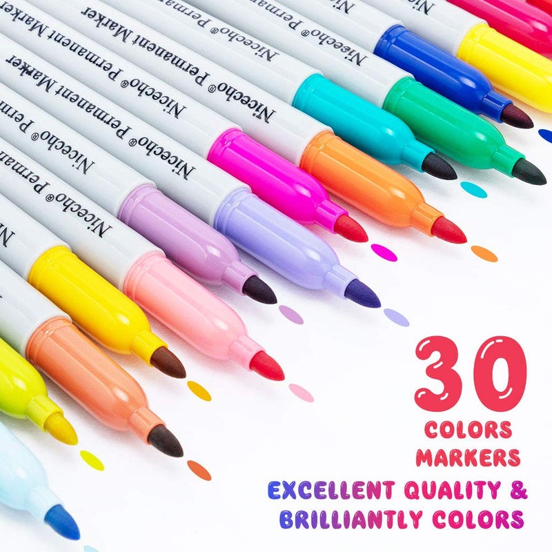 Nicecho Permanent Markers, 30 Colored Fine Point Marker Pens, Waterproof Marker Works on Paper, Plastic, Wood, Metal and Glass - Image 2