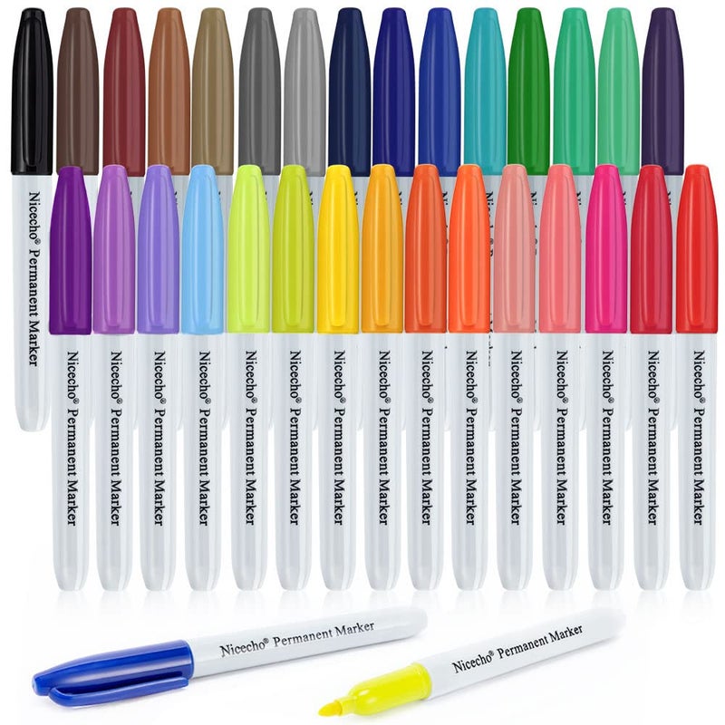 Nicecho Permanent Markers, 30 Colored Fine Point Marker Pens, Waterproof Marker Works on Paper, Plastic, Wood, Metal and Glass - Image 1