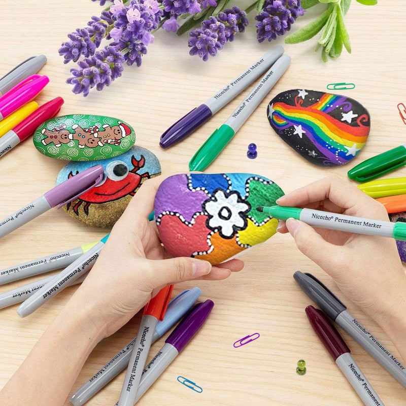 Nicecho Permanent Markers, 30 Colored Fine Point Marker Pens, Waterproof Marker Works on Paper, Plastic, Wood, Metal and Glass - Image 3