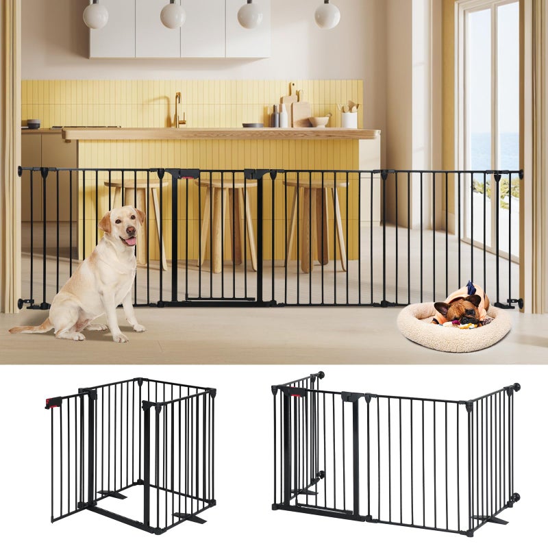 AGESISI Freestanding Dog Gates with Door Walk Through, Extra Wide Doggy Door 100" W x 29" H Pet Gate Safty 4 Panels Dog Fence for Stairs, Doorways - Image 1