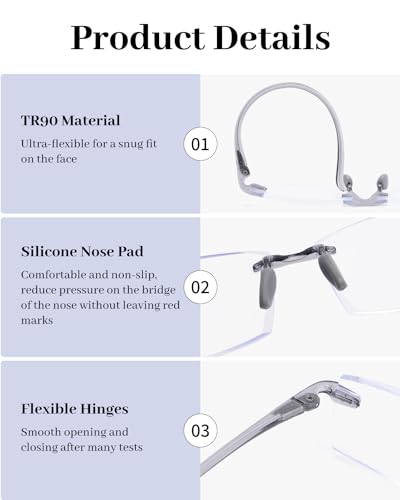 LUFF 3 Pack Rimless Reading Glasses Men Women- Comfortable Frameless Reader Lightweight TR90 Blue Light Blocking Computer Eyeglasses(2.5X) - Image 5