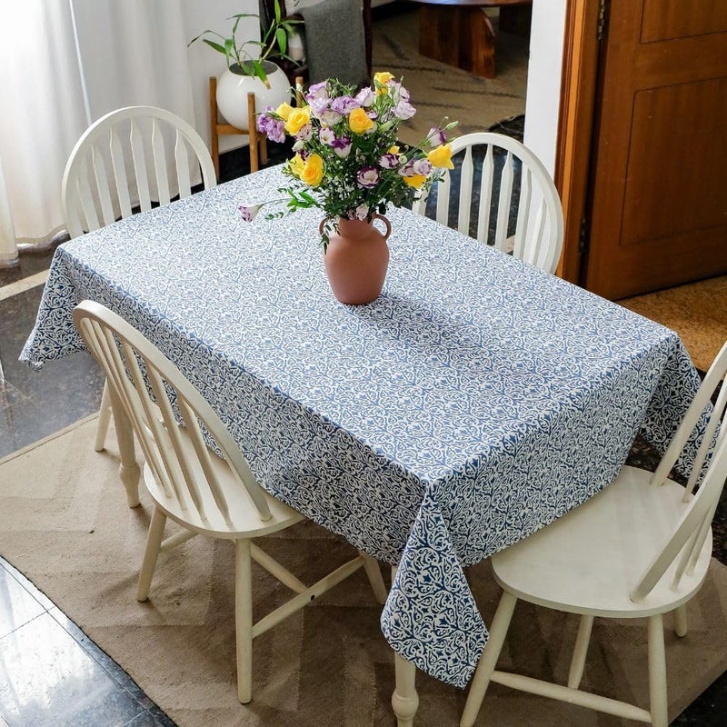 THE YARD HOUSE Wipeable Antislip Hand Block Printed Cotton Table Cover Whispers of The Sea Rectangle 4 Seater 122cm X 183cm Protects Against Spills Scratches Family Dining PartyGifting - Image 1
