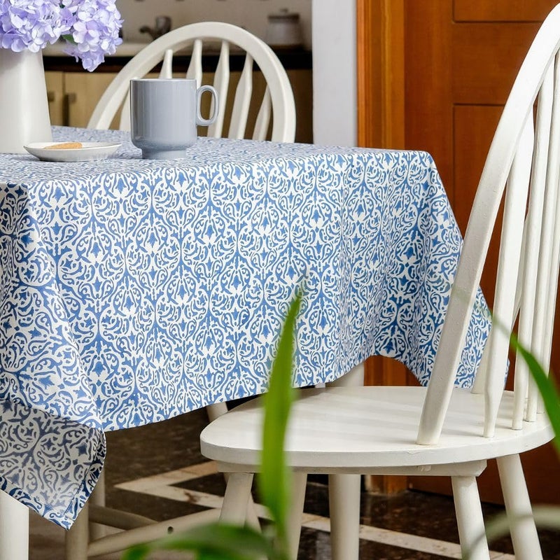 THE YARD HOUSE Wipeable Antislip Hand Block Printed Cotton Table Cover Whispers of The Sea Rectangle 4 Seater 122cm X 183cm Protects Against Spills Scratches Family Dining PartyGifting - Image 3