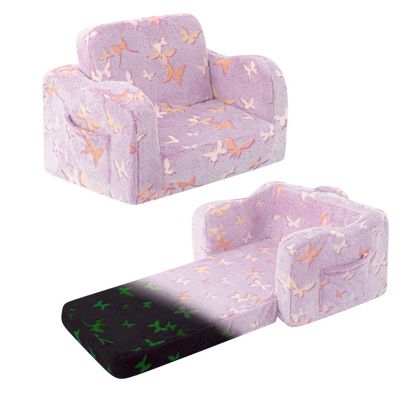 snow mini Kids Toddler Chair, 2-in-1 Toddler Couch Fold Out, Convertible Chairs for Toddlers Comfy Sofa to Lounger with Glow in The Dark Feature, Soft for Girls and Boys, Glowing Butterfly - Image 1