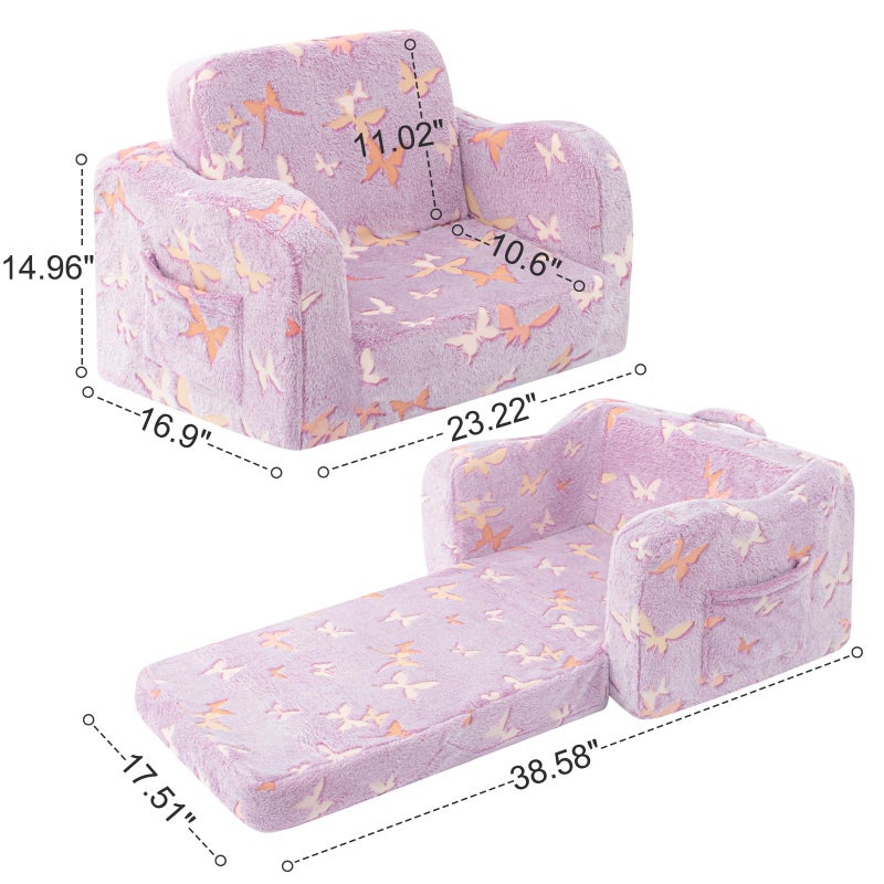 snow mini Kids Toddler Chair, 2-in-1 Toddler Couch Fold Out, Convertible Chairs for Toddlers Comfy Sofa to Lounger with Glow in The Dark Feature, Soft for Girls and Boys, Glowing Butterfly - Image 3