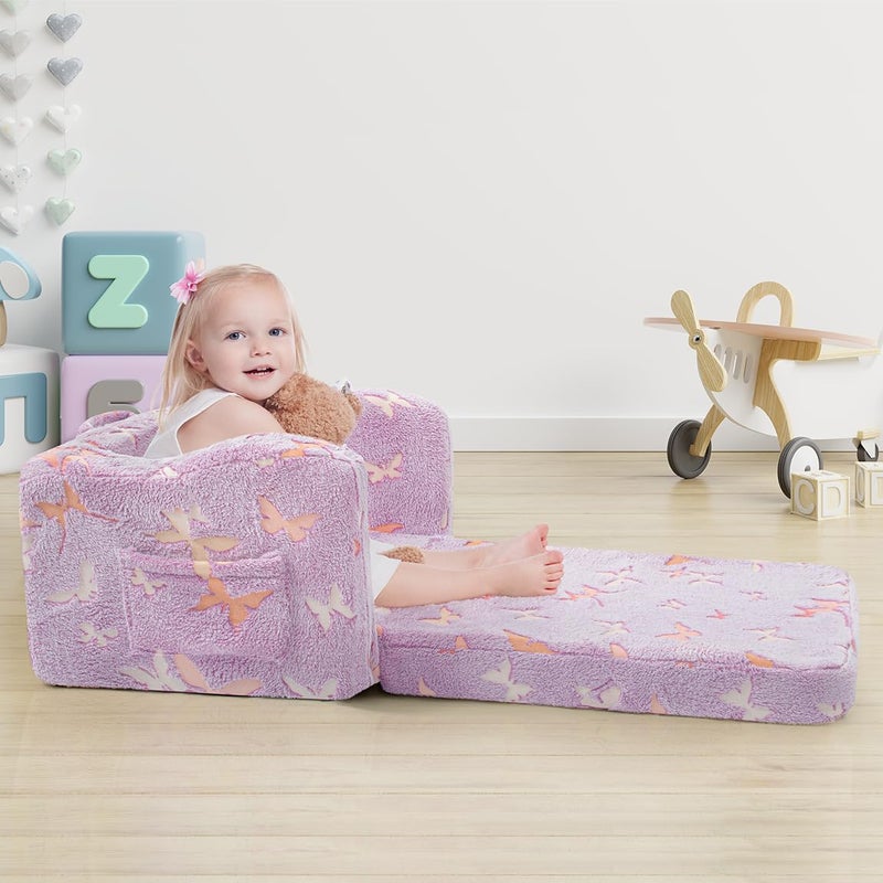 snow mini Kids Toddler Chair, 2-in-1 Toddler Couch Fold Out, Convertible Chairs for Toddlers Comfy Sofa to Lounger with Glow in The Dark Feature, Soft for Girls and Boys, Glowing Butterfly - Image 5