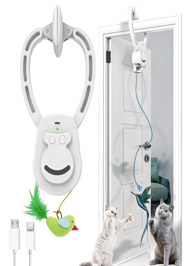 Interactive Cat Toys for Indoor Cats, Automatic Hanging Feather Cat Toy with Realistic Fluttering & Quiet Motor, USB Rechargeable Door Mounted Feather Wand for Bored Kittens & Adult Cats (White) - Image 1