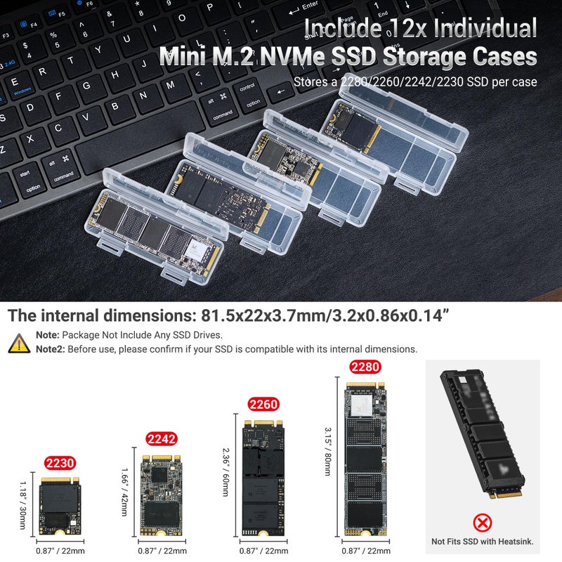 Kiorafoto Dual Protect Hard M.2 SSD Holder with 12 PCS Individual Clear M.2 NVMe Case for M.2 2280 2260 2242 2230 SSDs Storage, Water-Resistant & Shockproof M.2 2280 SSD Card Case with Label & Notepaper - Image 2