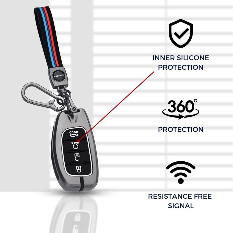 Keycept Metal key cover Compatible for Hyun-dai Cre-ta, Venue, i20, Alcazar, Tucson, N Line, Crreta EV 4 Button Smart Key with Keychain (Long Keychain). - Image 4