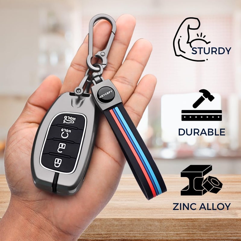 Keycept Metal key cover Compatible for Hyun-dai Cre-ta, Venue, i20, Alcazar, Tucson, N Line, Crreta EV 4 Button Smart Key with Keychain (Long Keychain). - Image 3