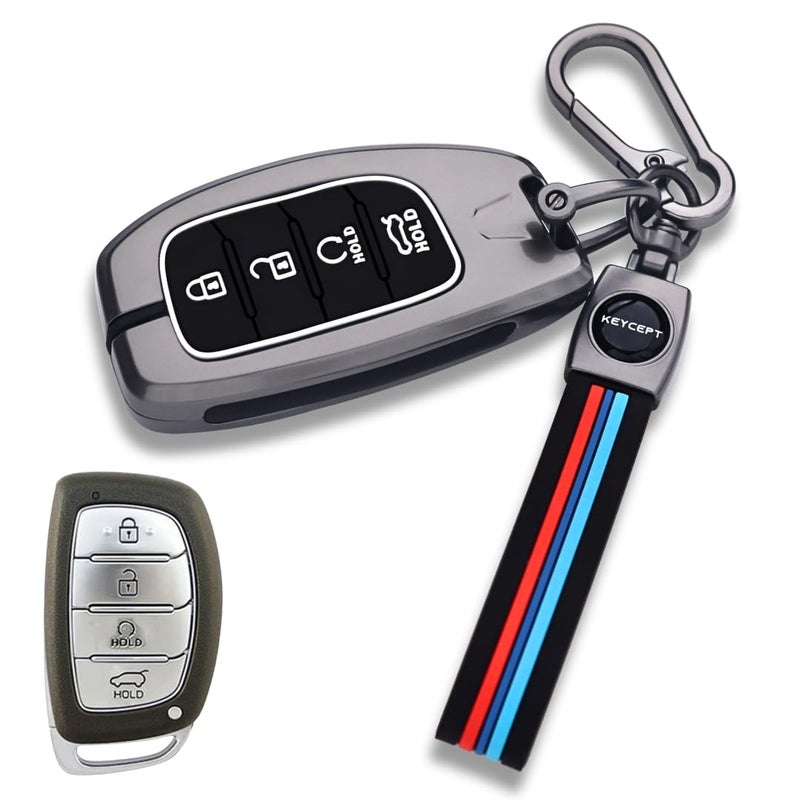Keycept Metal key cover Compatible for Hyun-dai Cre-ta, Venue, i20, Alcazar, Tucson, N Line, Crreta EV 4 Button Smart Key with Keychain (Long Keychain). - Image 1