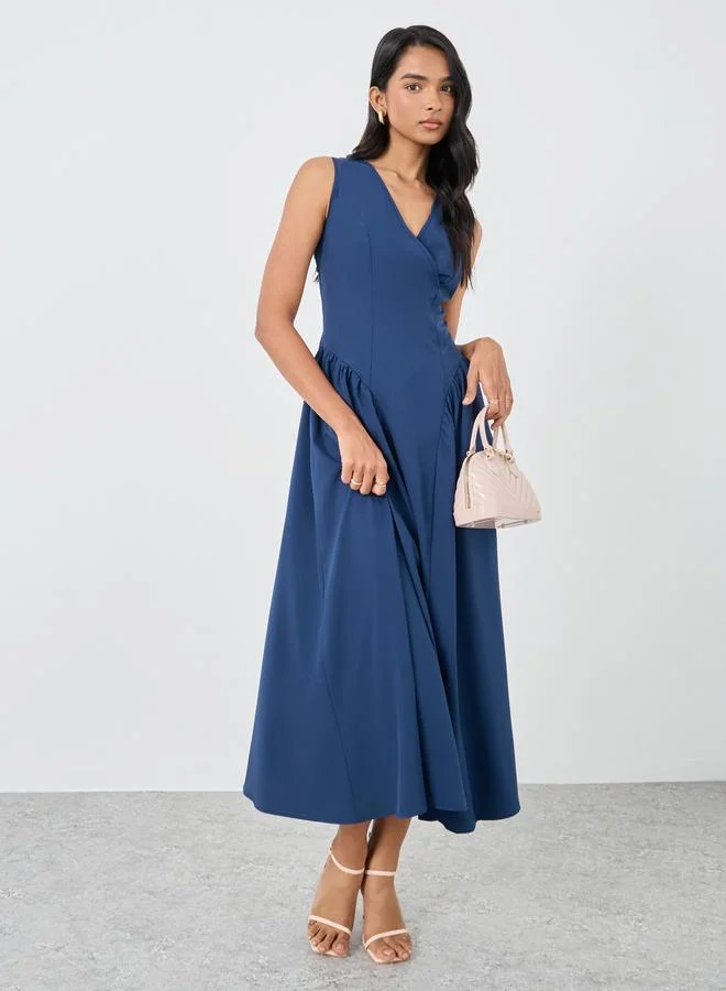 تايك تو Take Two Solid Sleeveless V-Neck A-Line Midi Dress