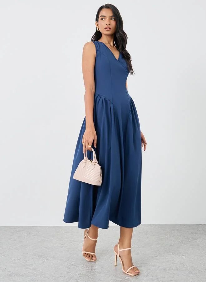 تايك تو Take Two Solid Sleeveless V-Neck A-Line Midi Dress