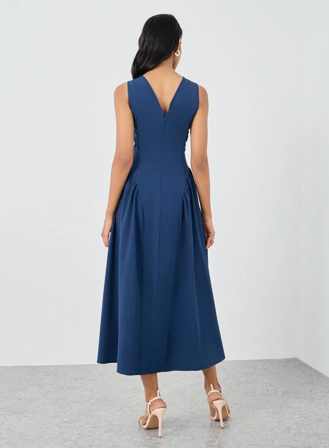 Take Two Take Two Solid Sleeveless V-Neck A-Line Midi Dress