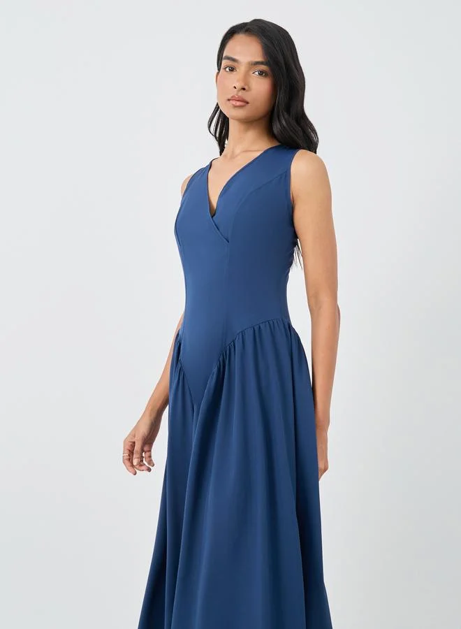 Take Two Take Two Solid Sleeveless V-Neck A-Line Midi Dress