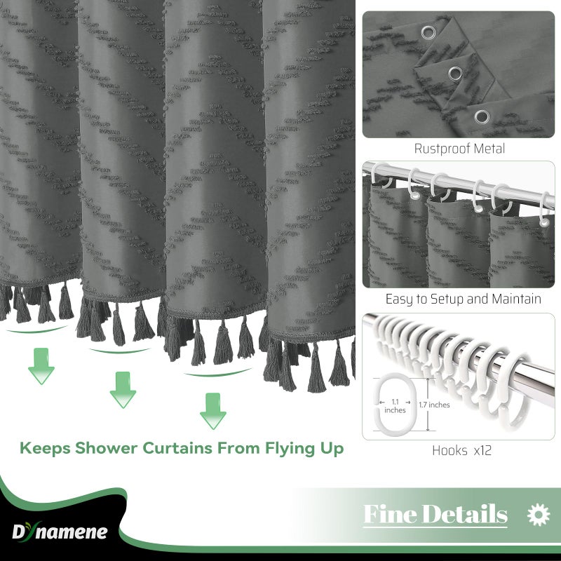 Dynamene Boho Farmhouse Startain Stain Curtain Gray Fabric Suffted Chevron Chevron مخططة بالرسانة الستائر الدش للحمام المتهالك بقطعة قماش مقاومة للماء مع خطافات 72 × 72 - Image 3