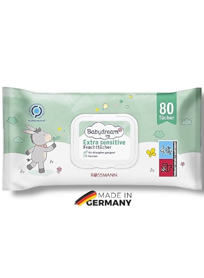 ROSSMANN German Brand Wipes , Extra Sensitive Wet Wipes, 80 Pieces – Gentle and Thorough Cleaning for Sensitive, with Aloe Vera & Allantoin, Fragrance-Free, Dye-Free, pH-Neutral. - Image 1