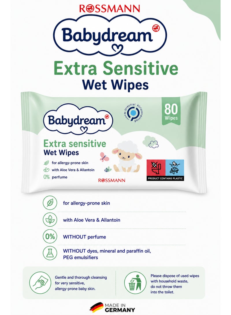 ROSSMANN German Brand Wipes , Extra Sensitive Wet Wipes, 80 Pieces – Gentle and Thorough Cleaning for Sensitive, with Aloe Vera & Allantoin, Fragrance-Free, Dye-Free, pH-Neutral. - Image 1